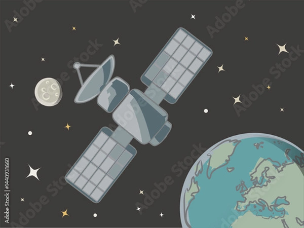Fototapeta Vector illustration of a satellite in space. Ideal for technology, communication, aerospace, science, exploration, and global connection themes.