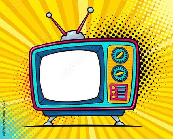 Fototapeta Ręcznie rysowane komiks retro telewizor z miejscem na tekst na ekranie na półtonach i kropki. Kolorowe tło wektor w retro komiks stylu pop art.