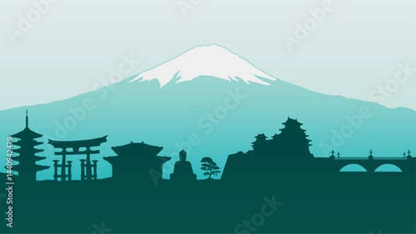Obraz Vector background with Mount Fuji and silhouette skyline of Japan traditional sacred buildings, places. Japanese scene. Mountain landscape with Asian architecture. Torii gate, pagoda, castle, shrine