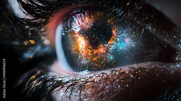 Fototapeta A close up eye showing a universe inside. A stunning visual representing infinite potential. Use it as a captivating background for any artistic project.