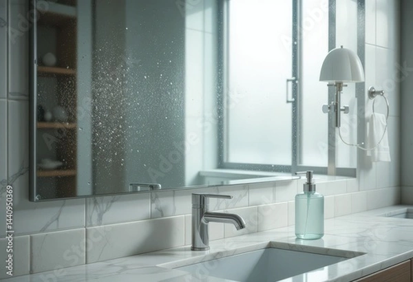 Fototapeta Modern bathroom sink with water-splashed mirror and sunlight through window.