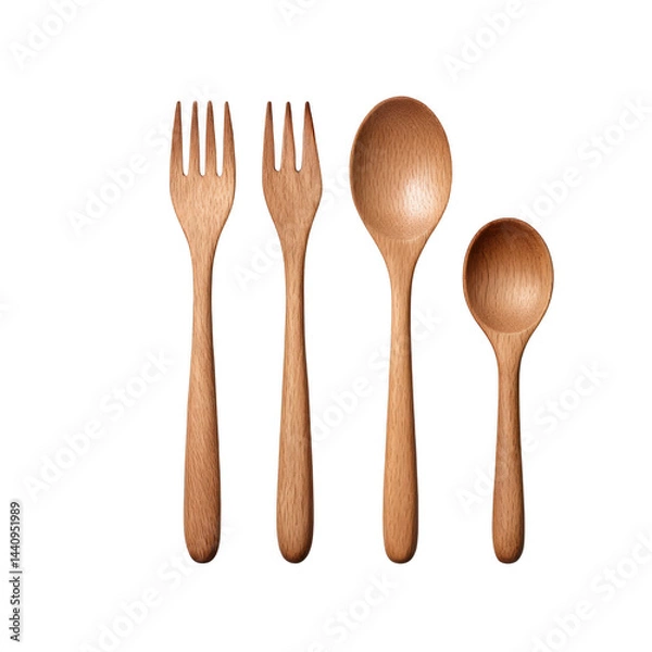 Fototapeta Wooden forks and spoons set isolated on transparent background