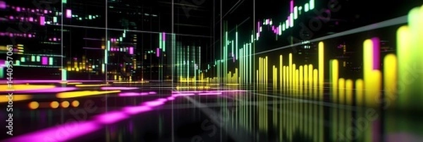 Fototapeta A vibrant display of financial data with colorful charts and graphs on a reflective surface