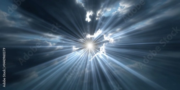 Obraz Sunbeams through dark clouds. Dramatic sky.  Possible use Background for posters or social media posts