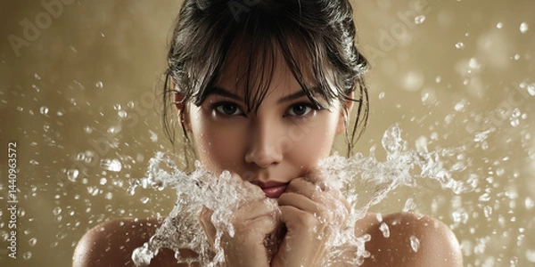 Fototapeta beautiful mid age woman washes her face with water, she has a serene expression, against a beige background, in an advertisement for a skin rejuvenation.