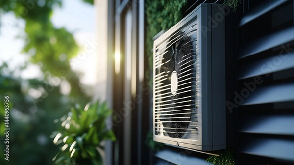 Fototapeta Close-up of a modern HVAC unit mounted on a residential facade, refrigerant lines neatly coiled, showing compressor details and the fan blades in motion, with natural light streami