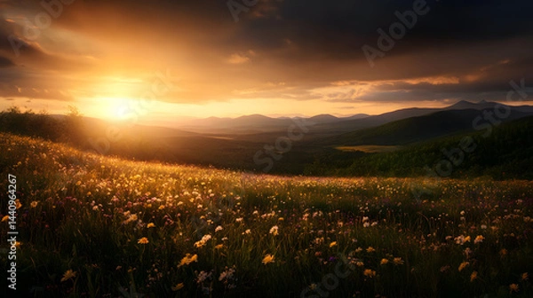 Fototapeta A breathtaking panorama of endless wildflower fields stretching towards the horizon.