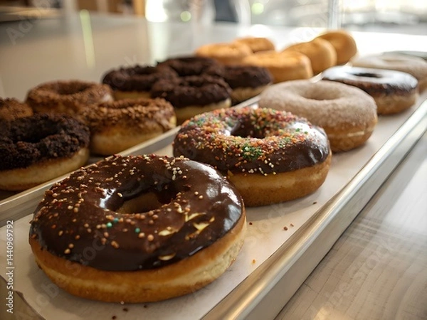 Obraz A row of donuts sitting on top of a counter.