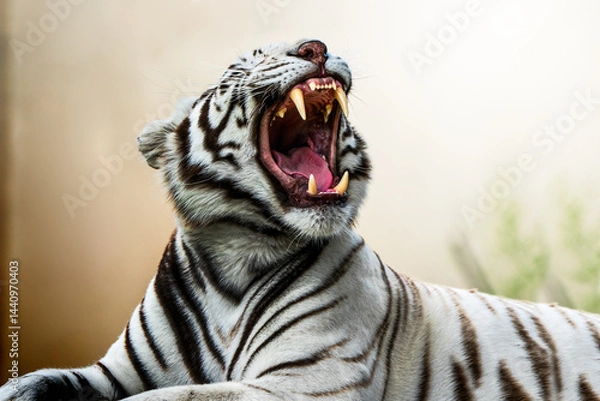 Fototapeta A white tiger yawns dramatically, showing its sharp teeth in a high-contrast, shallow depth-of-field portrait; soft bokeh background enhances the intense expression with surreal post-processing.