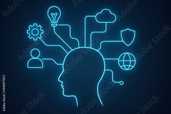 Obraz Creative digital illustration of human mind interconnected with symbols of innovation, cloud computing, security, and global connectivity, symbolizing futuristic technology.