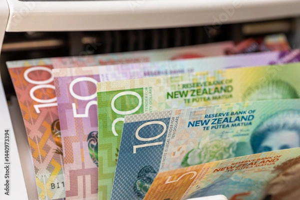Obraz New Zealand dollar in a money counter. Financial and business concept. All banknotes. Banking, economics, investing in New Zealand. close up