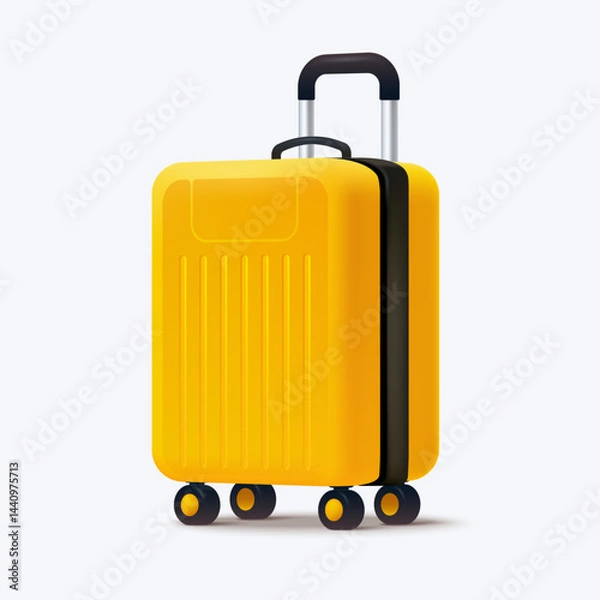 Obraz Yellow suitcase with wheels isolated on white. Travel luggage illustration in 3d style. Ideal for travel-related designs, blogs, promotional materials. Vector eps 10