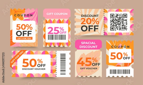 Obraz Set of autumn discount offer coupons.Gift vouchers,sale tickets template with cutting dashed lines,qr code.Shopping savings coupon.Design for web,social media,business promo,online purchases.Vector