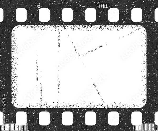 Fototapeta Single film strip frame template with empty slot, vintage cinema reel with grunge grain noisy texture, scratches for collage design Modern retro vector illustration isolated on transparent background 
