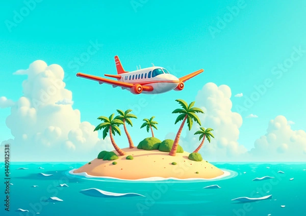 Obraz cartoon airplane flies over island with palm trees