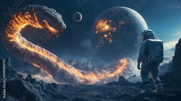 Fototapeta Astronaut encounters a giant fiery serpent in a surreal extraterrestrial landscape at night