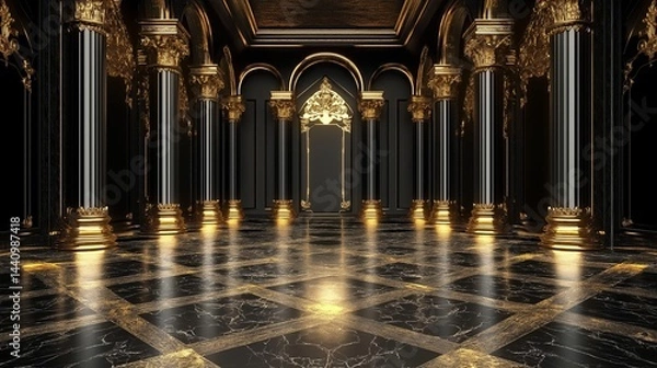Fototapeta Elegantly designed palace black hall with marble floor and golden columns