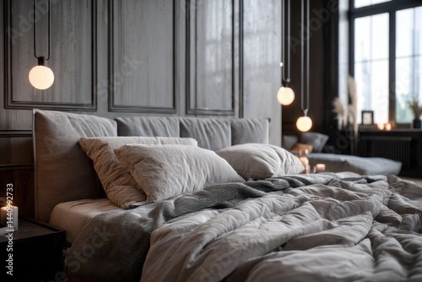 Fototapeta A cozy and inviting bedroom interior with soft lighting and a comfortable bed, featuring stylish pendant lights, creating a relaxing and tranquil atmosphere for sleep.