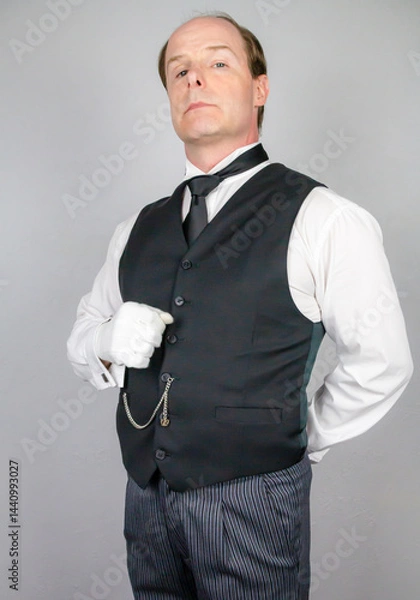 Fototapeta Butler or Hotel Concierge in Formal Waistcoat and White Gloves Standing at Elegant Attention. At Your Service.