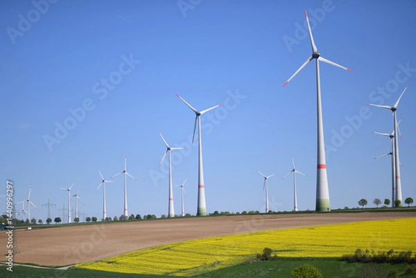 Obraz Wind turbine park with blossoming yellow rapeseed fields, renewable energies, spring, blue sky