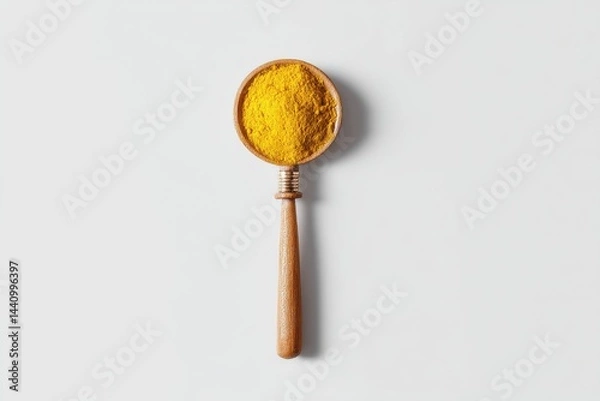 Fototapeta Top-down shot of a wooden spoon filled with vibrant yellow turmeric powder, a spice used in cooking, presented on a clean white background surface, highlighting its rich color.