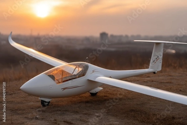 Obraz A pristine white glider resting peacefully at sunset, ready for adventure, capturing the golden light, wings spread wide, symbolizing freedom and the spirit of exploration.
