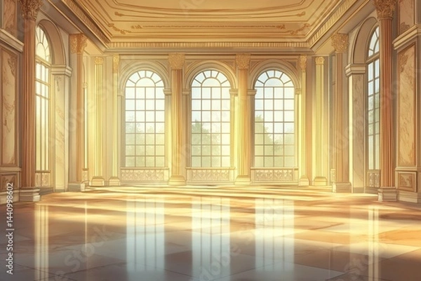 Fototapeta Grand hall with large windows in palace or castle, surrounded by lush greenery
