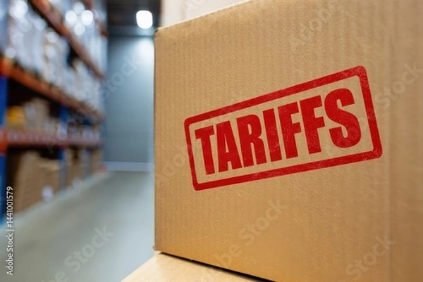 Fototapeta Cardboard box with tariffs stamp in warehouse setting symbolizing import and export duties