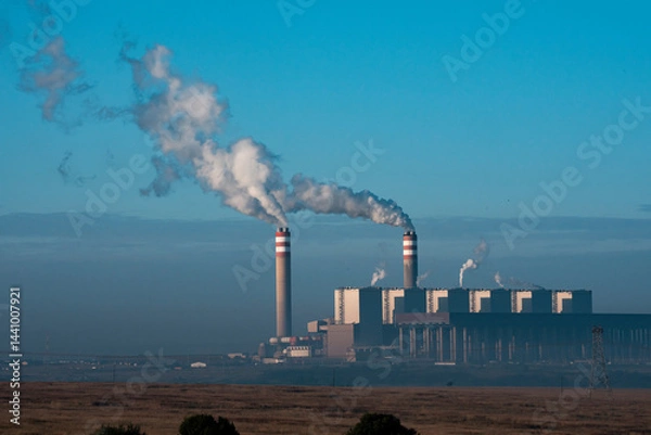 Fototapeta The Kendal Power Station stands prominently in an open landscape, with tall chimneys emitting smoke under a clear blue sky; sharp focus highlights the industrial structure against the natural surround