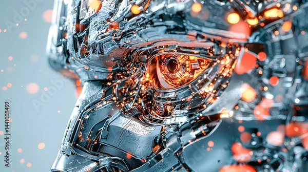 Fototapeta A futuristic robot eye with glowing circuits and metal details. Suggesting AI surveillance or cybernetic enhancements. Excellent for sci-fi art or tech design.