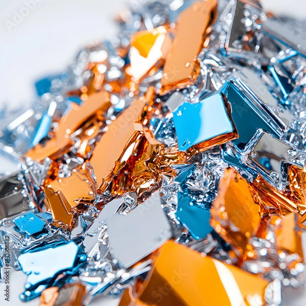 Fototapeta Close-up of shiny metallic fragments in gold silver and blue hues. Could be used for decorative purposes or abstract art projects. A visually appealing design.