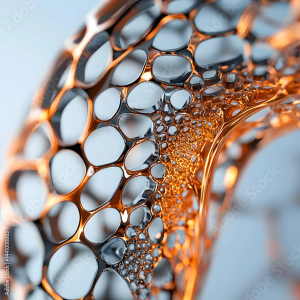 Fototapeta Intricate metallic structure showcasing a porous design. It could be used for biomimicry architectural designs or advanced material research explorations.