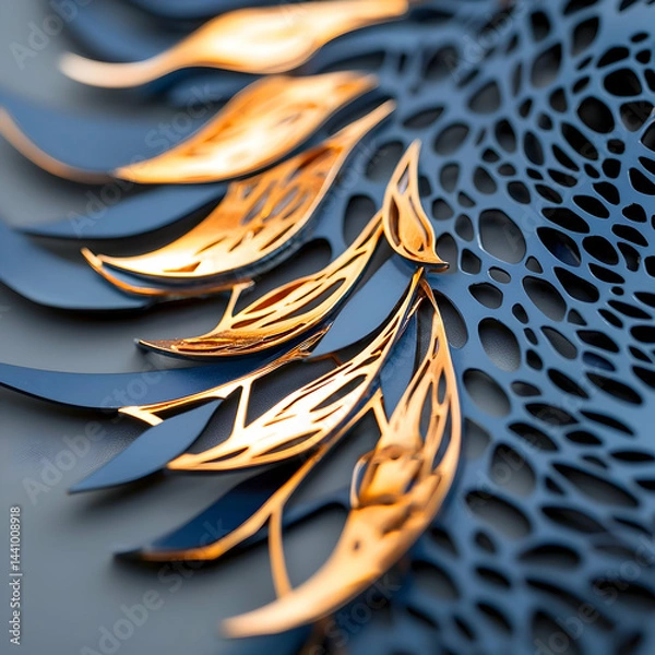 Fototapeta Abstract design with layered elements. Copper and blue shapes create a visually striking artwork. Could be used for wall art or decorative panels.