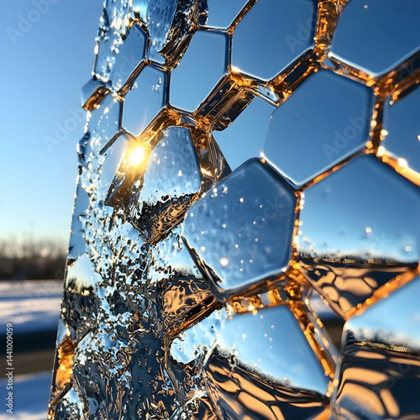 Fototapeta Abstract shiny hexagonal structure with reflective surfaces. Suitable for artistic installations futuristic designs or science fiction themed projects.