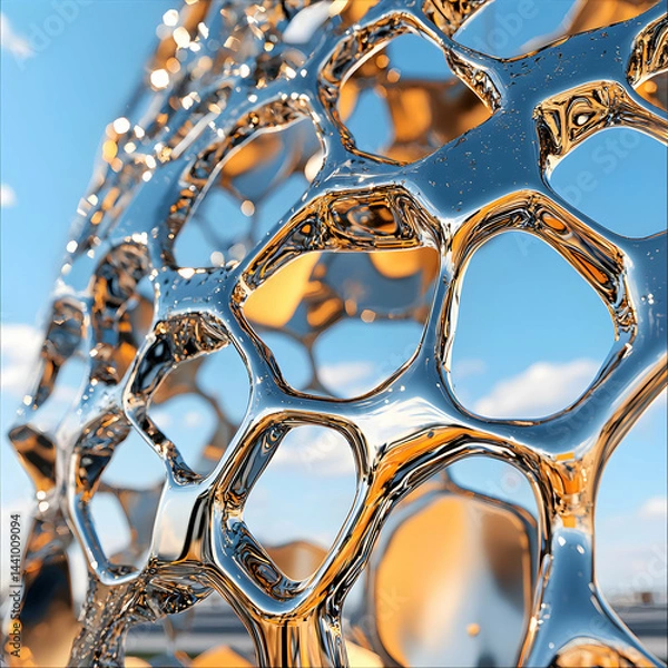 Fototapeta Abstract geometric sculpture with a reflective metallic surface. Could be used in architectural designs or futuristic art installations. Offers a unique aesthetic.