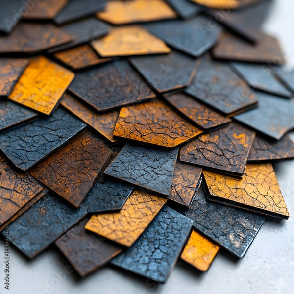 Fototapeta A detailed close-up of overlapping textured tiles in shades of orange brown and gray. Suitable for backgrounds decorative panels or artistic projects.