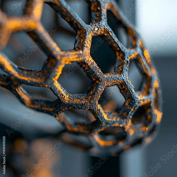 Fototapeta Abstract close-up of a hexagonal structure showcasing textures and an orange glow. Great for architectural design elements or decorative lighting. Can be used as a background.