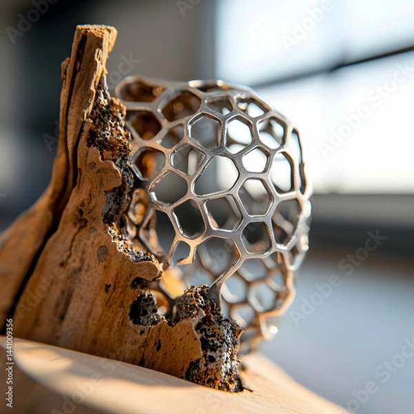 Fototapeta A metal sculpture is displayed with natural wood. It features a hexagonal pattern resembling a honeycomb. It could decorate modern homes and offices.