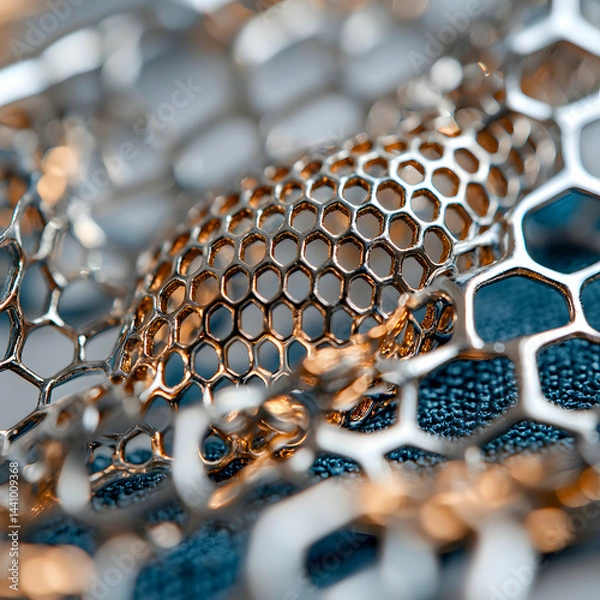 Fototapeta Macro shot of a metallic honeycomb structure. It presents a mesh-like design with hexagonal patterns. Consider applying this to architectural designs or jewelry.