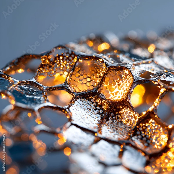 Fototapeta Close-up of a reflective cellular structure illuminated from within. Ideal for futuristic design or scientific visuals showcasing light interaction and geometric patterns.