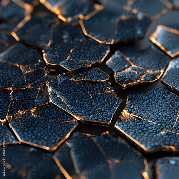 Fototapeta Abstract image of broken hexagon shapes. Gold accents and textured surfaces create an interesting visual. Ideal for backgrounds or graphic designs.