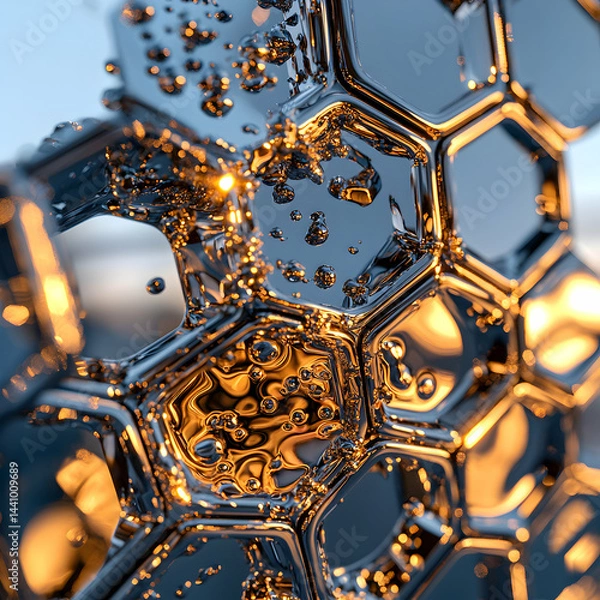 Fototapeta Abstract hexagonal structure with droplets and light reflections. Perfect for scientific visualizations or artistic design elements and backgrounds.