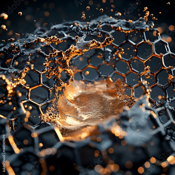 Fototapeta Abstract image of a honeycomb structure with gold-like fluid. Potential applications in nanotechnology or scientific visualizations. Captivating visuals for various media.