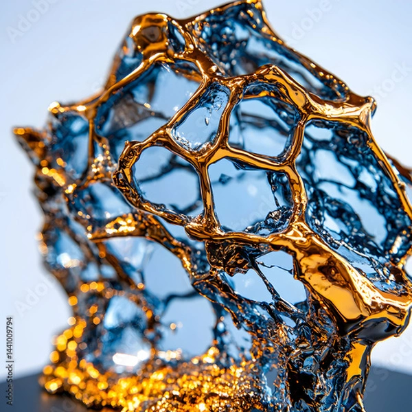 Fototapeta Abstract artwork featuring a gold-plated crystalline structure. Suggest for luxury branding graphic designs or high-end product packaging for a futuristic aesthetic.