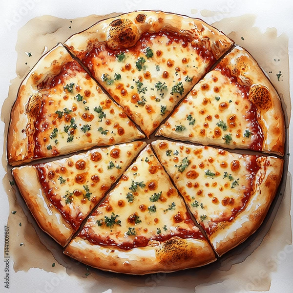 Fototapeta Appetizing watercolor illustration of a freshly baked cheese pizza with melted mozzarella, tomato sauce, and herbs. The pizza is sliced into six pieces and placed on parchment paper.