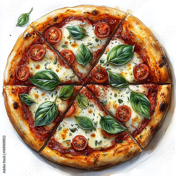 Fototapeta Delicious Italian pizza Margherita with melted mozzarella cheese, fresh basil leaves, and cherry tomatoes. Top view of sliced pizza on a white background. 