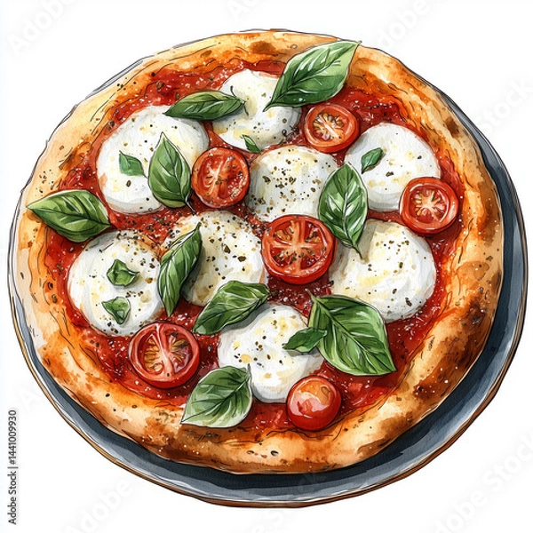 Fototapeta Delicious Italian pizza Margherita with melted mozzarella cheese, fresh basil leaves, and cherry tomatoes. Top view of sliced pizza on a white background. 