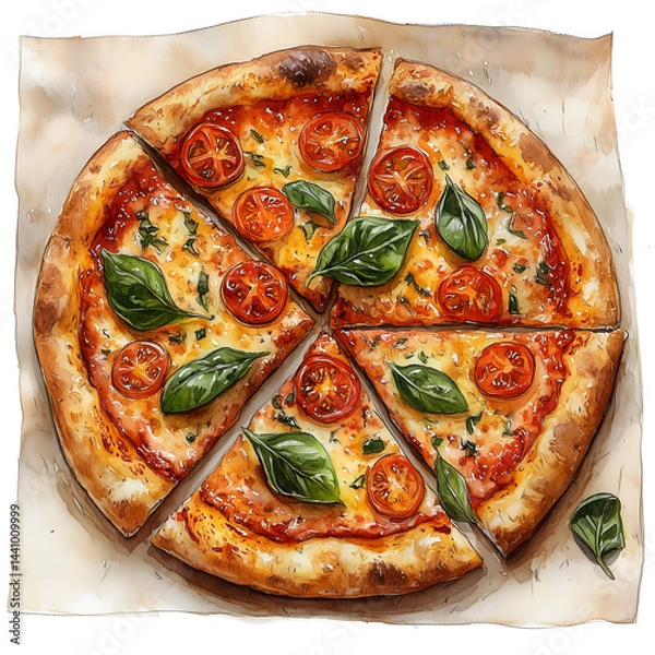 Fototapeta Delicious Italian pizza Margherita with melted mozzarella cheese, fresh basil leaves, and cherry tomatoes. Top view of sliced pizza on a white background. 