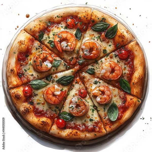 Fototapeta High-quality watercolor illustration of a gourmet shrimp pizza topped with melted cheese, fresh basil leaves, cherry tomatoes, and herbs. The pizza is sliced and arranged in a round shape
