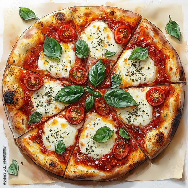 Fototapeta Delicious Italian pizza Margherita with melted mozzarella cheese, fresh basil leaves, and cherry tomatoes. Top view of sliced pizza on a white background. 